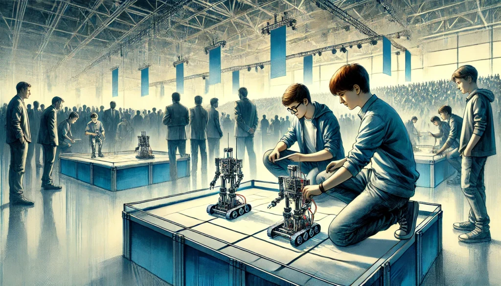 DALL·E 2024 07 28 13.33.33 A landscape image depicting two boys competing in a robotic competition. The scene is set in a modern indoor venue with a competition arena. The boys