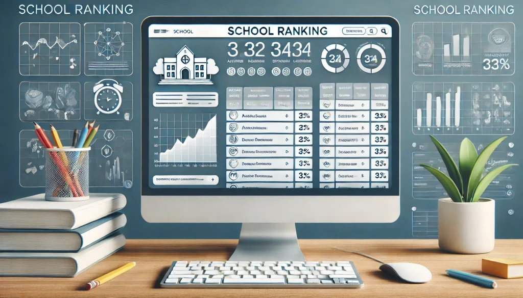 DALL·E 2024 06 26 18.19.40 A clean and modern illustration of a school ranking website interface. The image showcases a computer screen displaying a webpage with a list of schoo