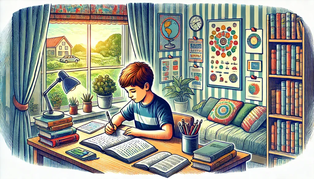 DALL·E 2024 06 26 18.21.02 A detailed and colorful landscape image of a schoolboy doing his homework. The boy is sitting at a desk in his room which is decorated with education