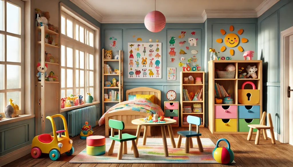 DALL·E 2024 06 23 06.36.19 A colorful and playful childrens room featuring a variety of childrens furniture. The room includes a small wooden bed with a vibrant bedspread a k