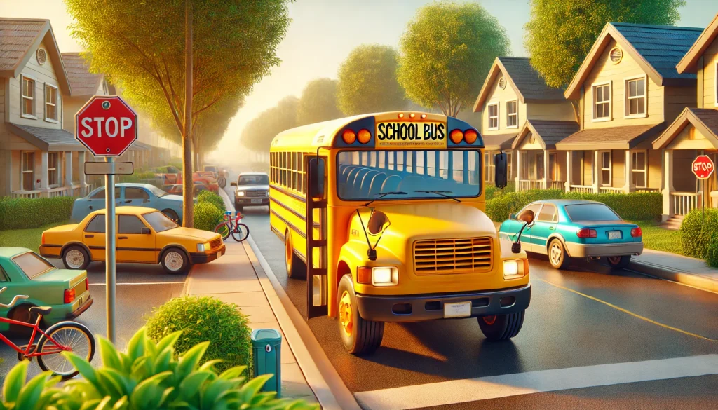 DALL·E 2024 07 13 13.41.24 A vibrant school transport system scene without human beings. The image shows a yellow school bus parked by the curb in a suburban neighborhood. The s 1