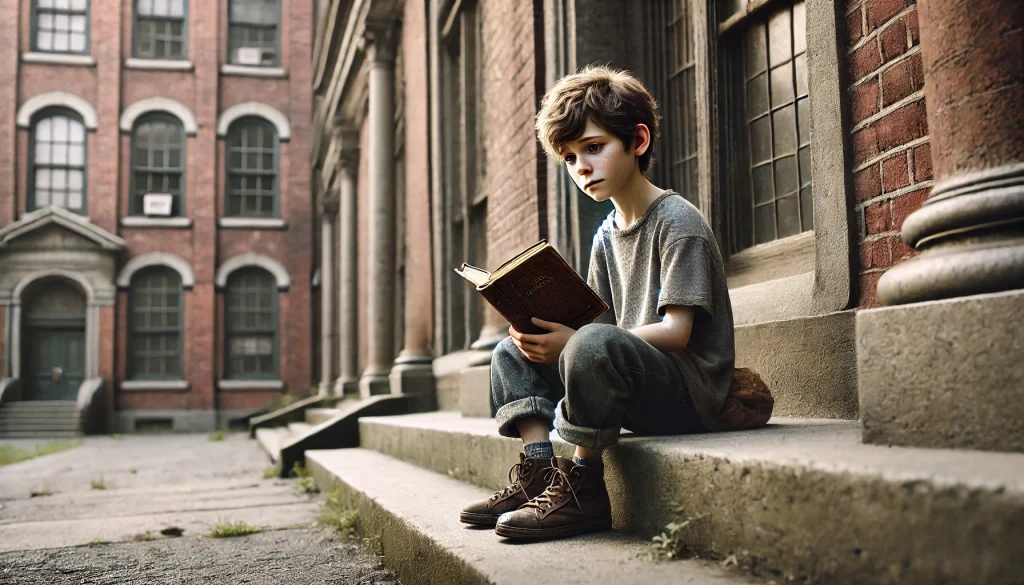DALL·E 2024-07-28 12.07.55 – A hyper-realistic image of an orphan boy, around 10 years old, sitting on a step outside a modest school building. The boy has short, messy brown hair Roles of NGOs in Supporting Orphans