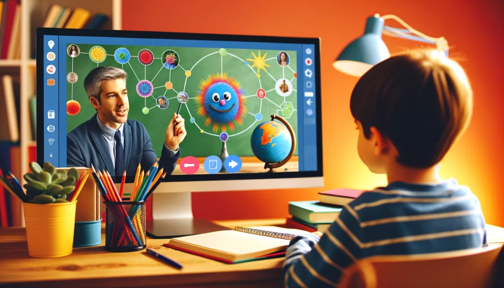 DALL·E 2024 04 20 18.01.24 A vibrant image showing a man teaching a young child online. The image is colorful and lively with the man on a video call on a computer screen usin